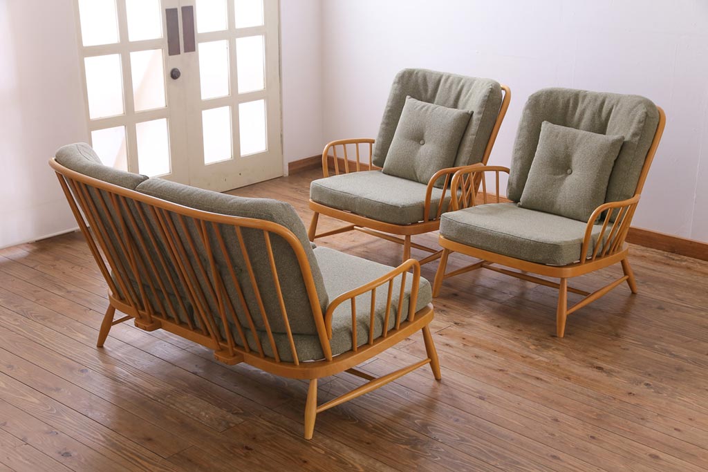 ヴィンテージ家具　イギリスビンテージ　ERCOL(アーコール)　ジュビリー(Jubilee)　グリーンのファブリックが優しげな一人掛けソファ(2)