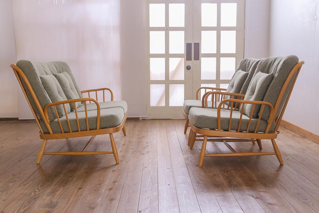 ヴィンテージ家具　イギリスビンテージ　ERCOL(アーコール)　ジュビリー(Jubilee)　グリーンのファブリックが優しげな一人掛けソファ(2)