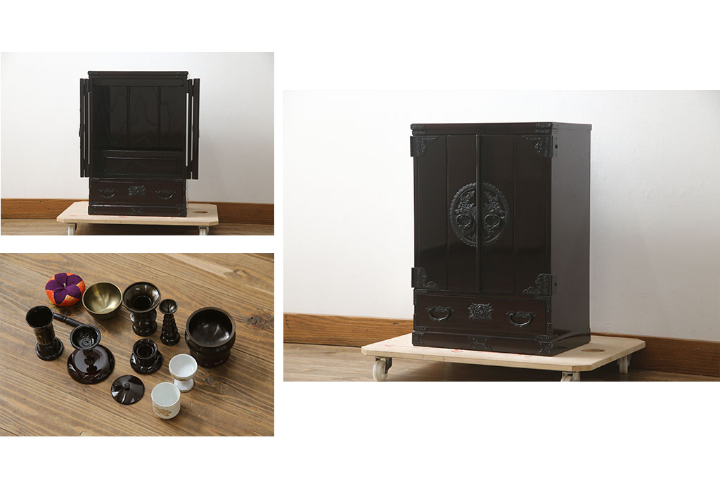 新品　未使用　仙台箪笥　落ち着きのある色味が魅力的な仏壇と仏具のセット(仙台仏壇)(定価約30万円)(R-078841)
