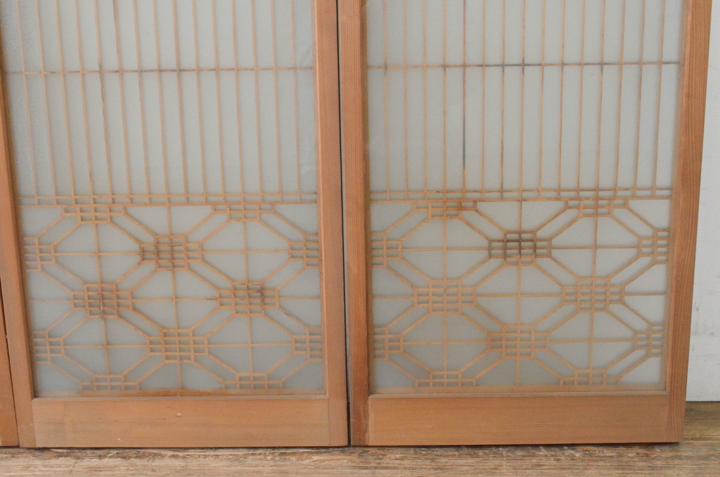 ビンテージ建具　両面ガラス　アジアンテイストの空間づくりにも活躍する組子入り書院ガラス戸4枚セット(窓、書院戸、引き戸、ヴィンテージ)(R-065535)