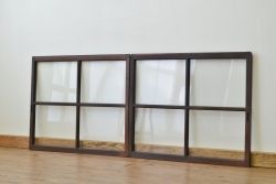 アンティーク 古い木のシックなガラス戸2枚セット(引き戸・建具)