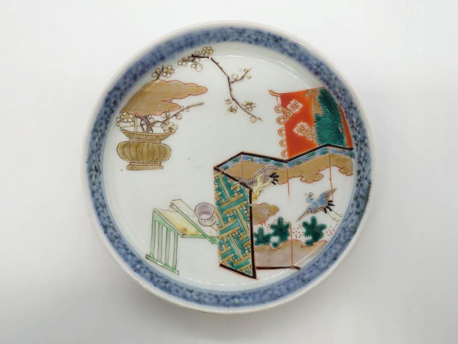 幕末　伊万里　色絵　多様な絵付けが目を惹く小皿&銘々皿5枚セット(鶴、つる、ツル、松、竹、梅、和皿、和食器)(R-073758)
