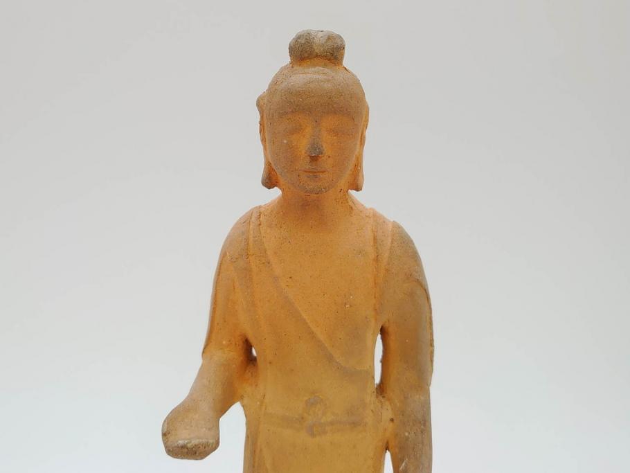土楽七世　福森雅武造　究竟涅槃　野焼き　陶仏　素朴で温かみのある観音菩薩立像(圡楽窯 七代目陶工、観音像、仏像、置物、オブジェ、共箱付き)(R-073814)