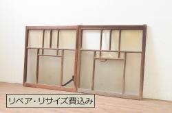 和製アンティーク　深みのある木味が魅力的なガラス入り帯格子戸(引き戸、建具)3枚組