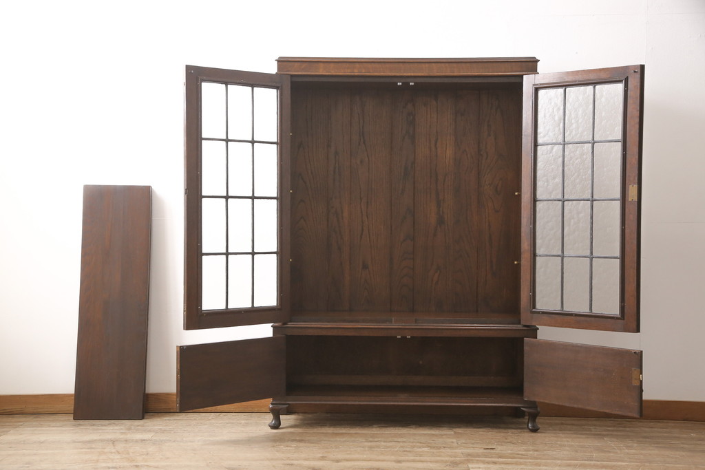 イギリスアンティーク　オーク材　ステンドグラスとパーケットの扉がおしゃれなブックケース(本箱、本棚、収納棚、キャビネット)(R-054247)