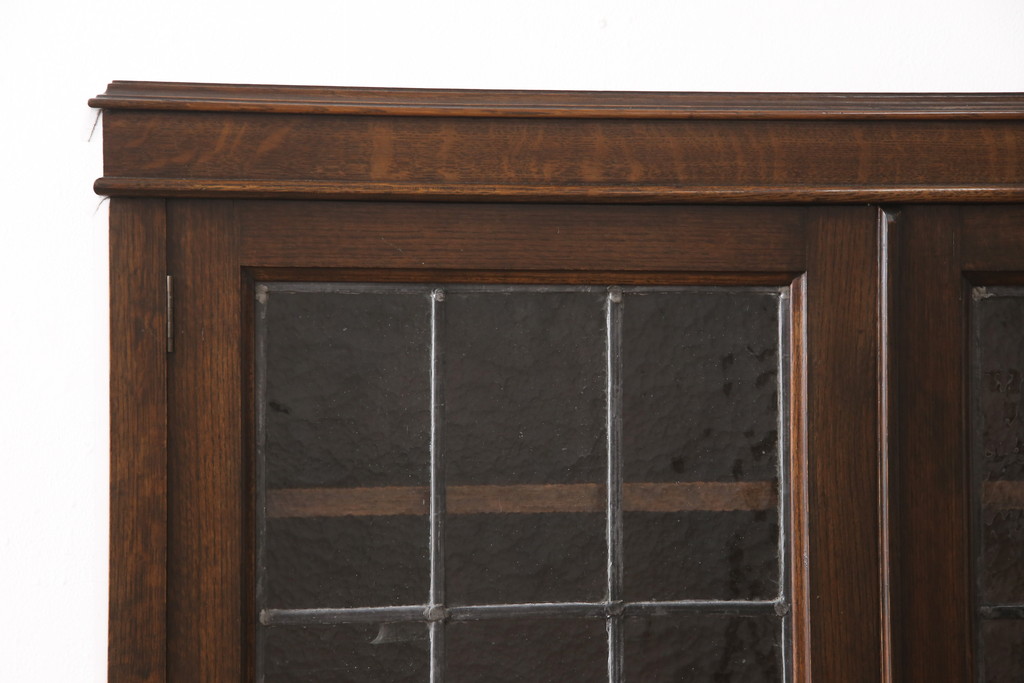 イギリスアンティーク　オーク材　ステンドグラスとパーケットの扉がおしゃれなブックケース(本箱、本棚、収納棚、キャビネット)(R-054247)