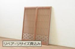 アンティーク建具　柾目が魅力のマス目格子板戸1枚(きつね格子、狐格子、ドア、格子扉、升目)(R-071243)