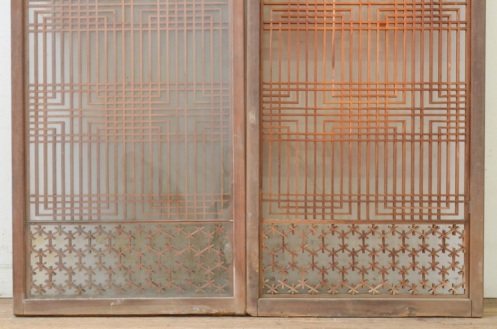 アンティーク建具　両面ガラス　和モダンな空間を演出する組子入り書院戸2枚セット(引き戸、ガラス戸、窓)(R-070991)