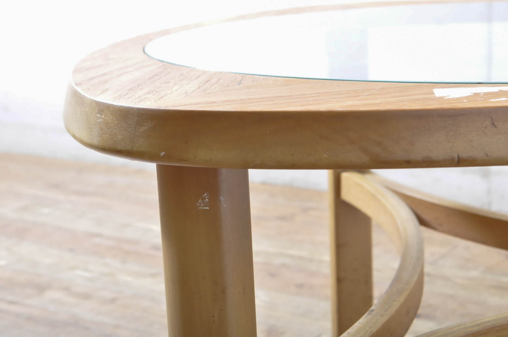 イギリスビンテージ　nathan社(ネイサン)　チーク材　トライアングル　優美な曲線デザインが印象的なガラストップセンターテーブル(リビングテーブル、ローテーブル、コーヒーテーブル、カクテルテーブル、英国、北欧、ヴィンテージ)(R-065665)