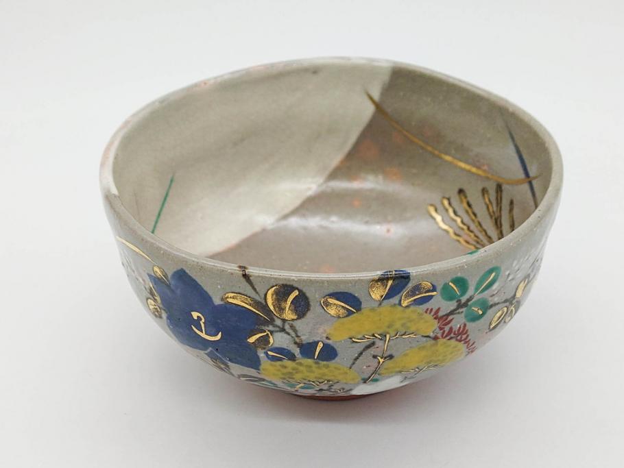 永楽善五郎　乾山写月秋草　4.3寸　美しい絵付けに品格を感じる茶碗(花、植物、風景、金彩、京焼、裏印、抹茶碗、茶道具、茶器、和食器、鵬雲斎書付き、四寸三分、共箱付き)(R-079305)