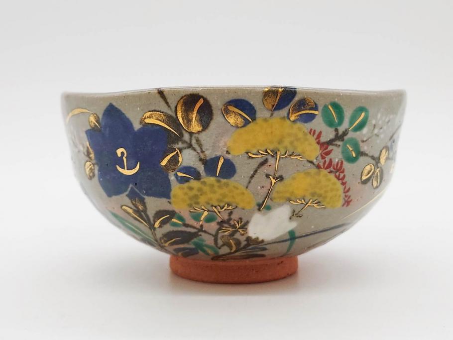 永楽善五郎　乾山写月秋草　4.3寸　美しい絵付けに品格を感じる茶碗(花、植物、風景、金彩、京焼、裏印、抹茶碗、茶道具、茶器、和食器、鵬雲斎書付き、四寸三分、共箱付き)(R-079305)