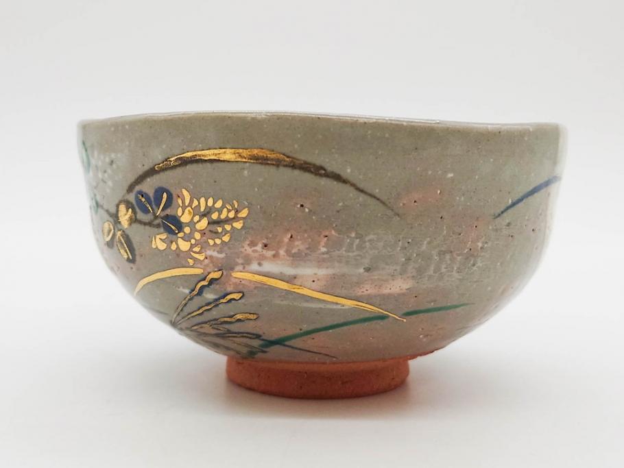 永楽善五郎　乾山写月秋草　4.3寸　美しい絵付けに品格を感じる茶碗(花、植物、風景、金彩、京焼、裏印、抹茶碗、茶道具、茶器、和食器、鵬雲斎書付き、四寸三分、共箱付き)(R-079305)