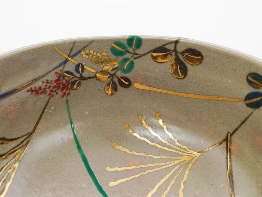 永楽善五郎　乾山写月秋草　4.3寸　美しい絵付けに品格を感じる茶碗(花、植物、風景、金彩、京焼、裏印、抹茶碗、茶道具、茶器、和食器、鵬雲斎書付き、四寸三分、共箱付き)(R-079305)