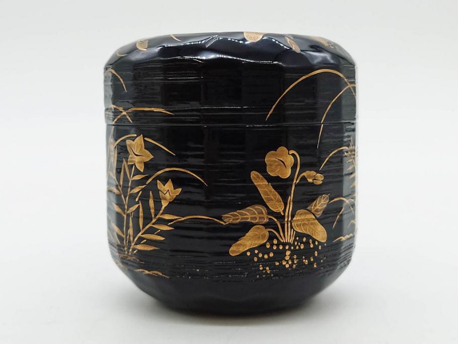 木具師 橋村萬象造　細やかな蒔絵が魅力の棗(折撓、花押、春秋、たんぽぽ、すすき、ススキ、花、植物、鵬雲斎書付き、木製、漆器、茶入れ、茶道具、茶筒、茶器、共箱付き)(R-079309)
