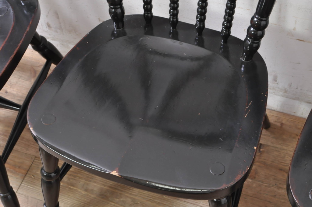 和製ビンテージ　松本民芸家具　#16型スピンドルチェア　ゆったりと座れるダイニングチェア4脚セット(板座チェア、椅子、イス、ヴィンテージ)(定価4脚で約40万円)(R-072363)