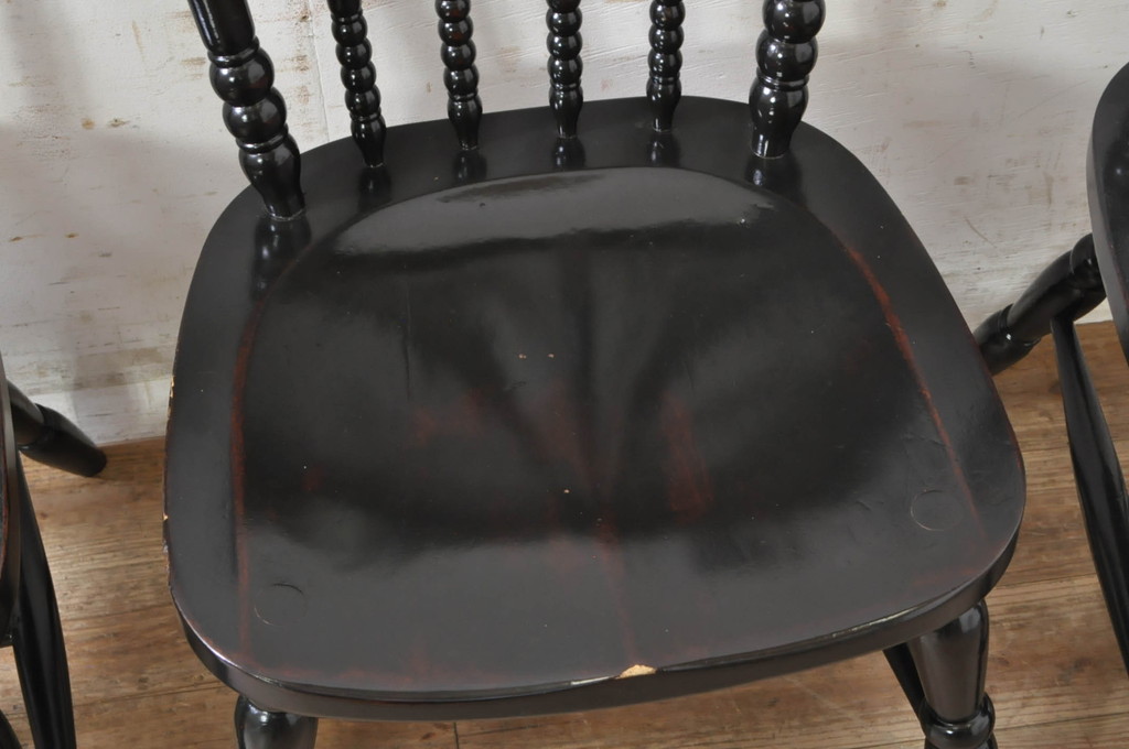 和製ビンテージ　松本民芸家具　#16型スピンドルチェア　ゆったりと座れるダイニングチェア4脚セット(板座チェア、椅子、イス、ヴィンテージ)(定価4脚で約40万円)(R-072367)
