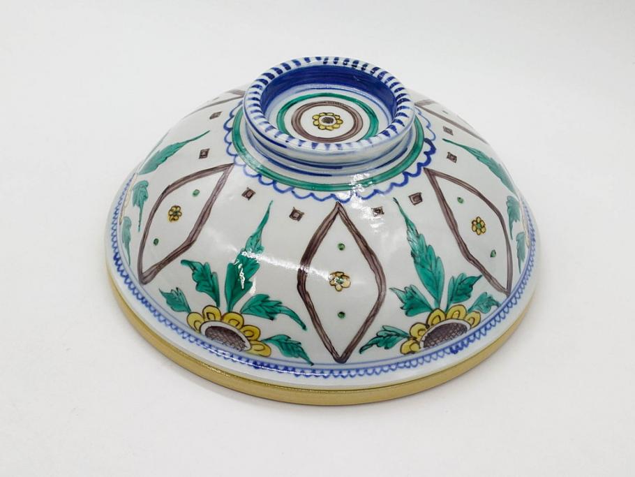 正木春蔵　九谷焼　呉須色絵　染付　約22cm　7.1寸　鮮やかに絵付けされた可愛らしい蓋物(向日葵、ひまわり、花、植物、大平、深鉢、和皿、和食器、七寸一分、裏印、外箱付き)(R-079320)