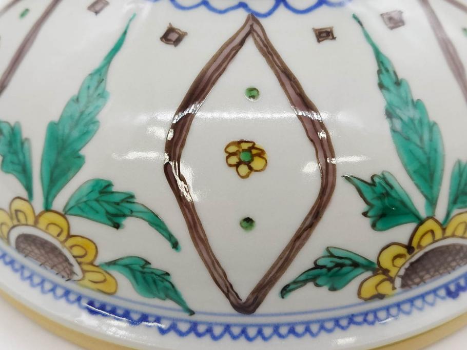 正木春蔵　九谷焼　呉須色絵　染付　約22cm　7.1寸　鮮やかに絵付けされた可愛らしい蓋物(向日葵、ひまわり、花、植物、大平、深鉢、和皿、和食器、七寸一分、裏印、外箱付き)(R-079320)