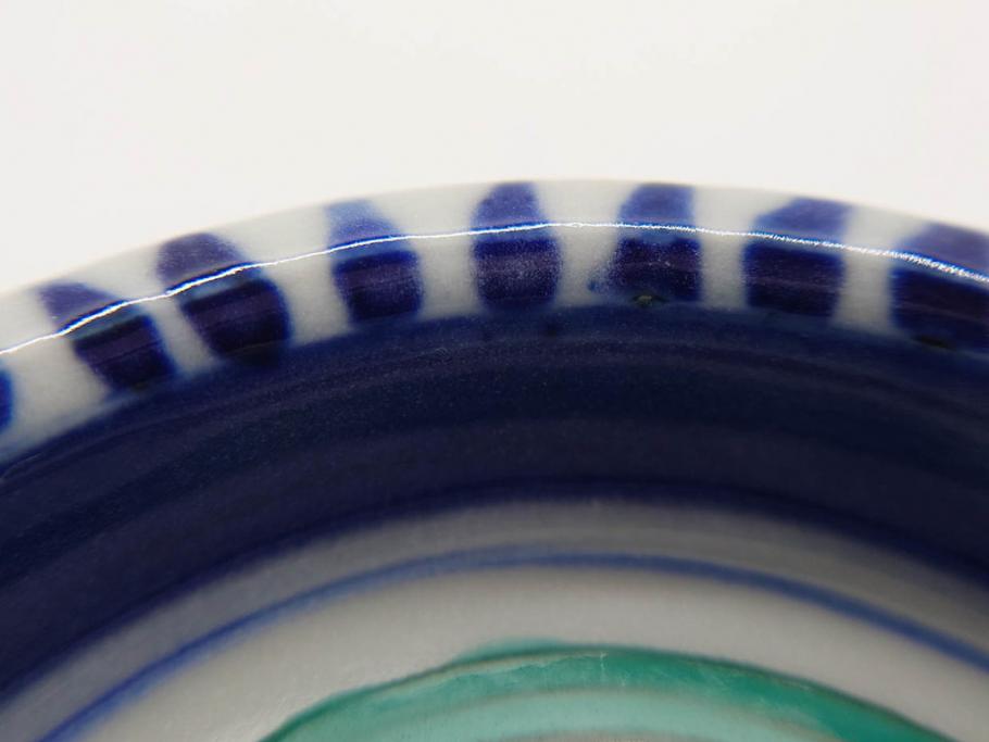 正木春蔵　九谷焼　呉須色絵　染付　約22cm　7.1寸　鮮やかに絵付けされた可愛らしい蓋物(向日葵、ひまわり、花、植物、大平、深鉢、和皿、和食器、七寸一分、裏印、外箱付き)(R-079320)