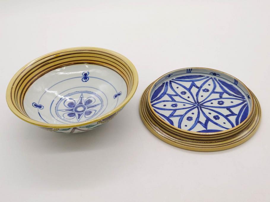 正木春蔵　九谷焼　呉須色絵　染付　約22cm　7.1寸　鮮やかに絵付けされた可愛らしい蓋物(向日葵、ひまわり、花、植物、大平、深鉢、和皿、和食器、七寸一分、裏印、外箱付き)(R-079320)