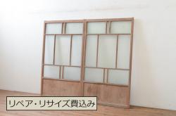 ビンテージ建具　両面ガラス　鶴に雲の図　落ち着いた和の空間を演出するガラス欄間1枚(明り取り、明かり取り)(R-080578)
