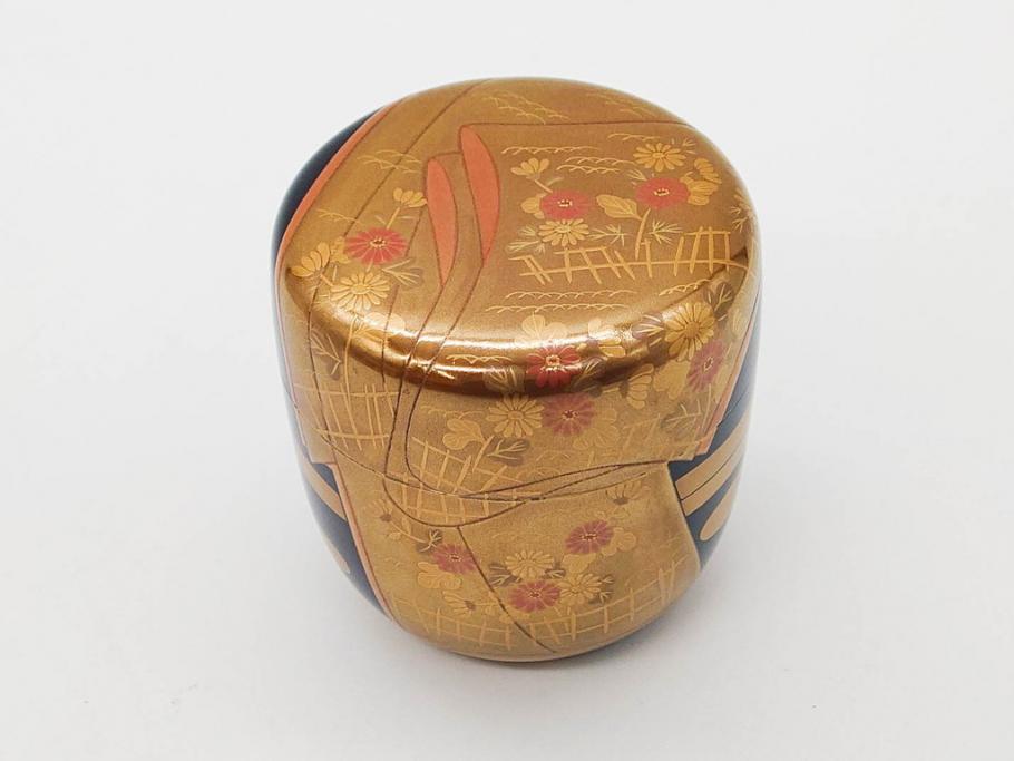 博友作　輪島塗　優美で豪華な棗(菊、花、雲模様、蒔絵、漆器、木製、茶入れ、茶筒、茶道具、茶器、共箱付き)(R-079327)