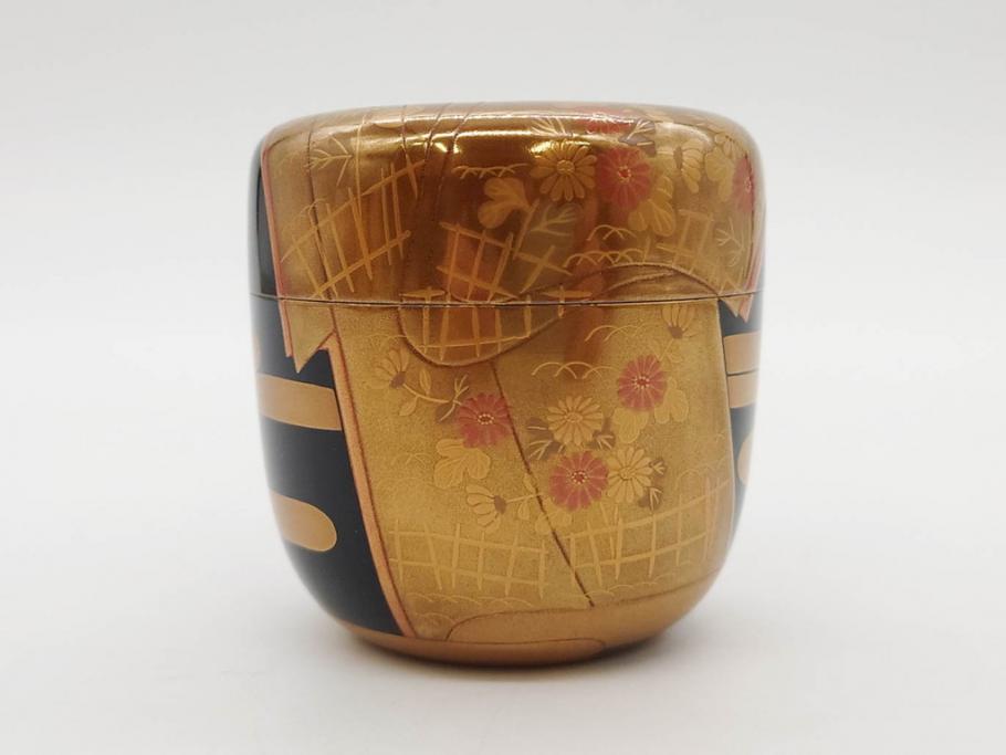 博友作　輪島塗　優美で豪華な棗(菊、花、雲模様、蒔絵、漆器、木製、茶入れ、茶筒、茶道具、茶器、共箱付き)(R-079327)