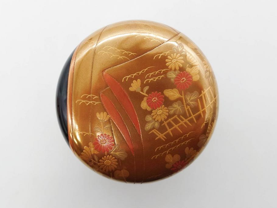 博友作　輪島塗　優美で豪華な棗(菊、花、雲模様、蒔絵、漆器、木製、茶入れ、茶筒、茶道具、茶器、共箱付き)(R-079327)