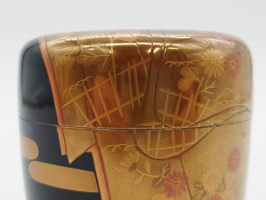 博友作　輪島塗　優美で豪華な棗(菊、花、雲模様、蒔絵、漆器、木製、茶入れ、茶筒、茶道具、茶器、共箱付き)(R-079327)