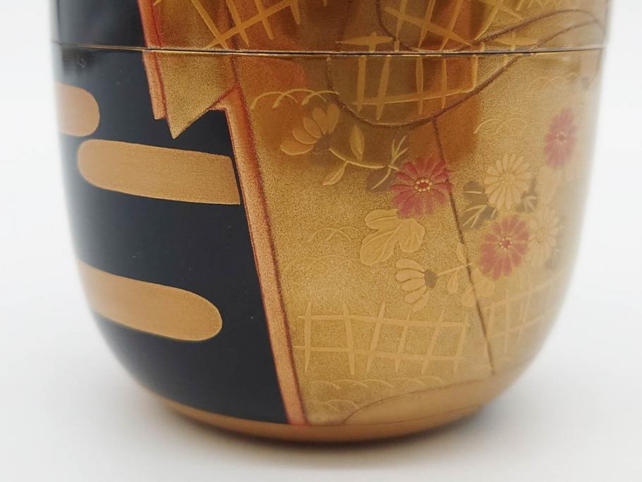 博友作　輪島塗　優美で豪華な棗(菊、花、雲模様、蒔絵、漆器、木製、茶入れ、茶筒、茶道具、茶器、共箱付き)(R-079327)