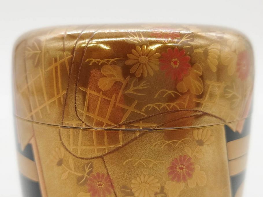 博友作　輪島塗　優美で豪華な棗(菊、花、雲模様、蒔絵、漆器、木製、茶入れ、茶筒、茶道具、茶器、共箱付き)(R-079327)