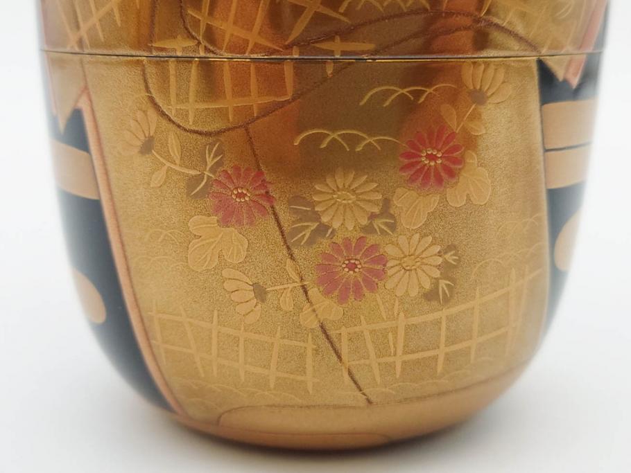 博友作　輪島塗　優美で豪華な棗(菊、花、雲模様、蒔絵、漆器、木製、茶入れ、茶筒、茶道具、茶器、共箱付き)(R-079327)