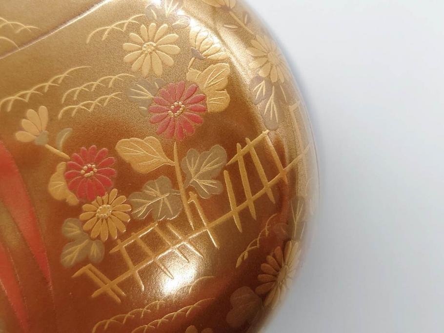 博友作　輪島塗　優美で豪華な棗(菊、花、雲模様、蒔絵、漆器、木製、茶入れ、茶筒、茶道具、茶器、共箱付き)(R-079327)