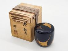 鈴谷鐵五郎　輪島塗　銀杏　繊細な蒔絵に見惚れる棗(いちょう、梨地、漆器、木製、茶入れ、茶筒、茶道具、茶器、共布付き、共箱付き)(R-079428)