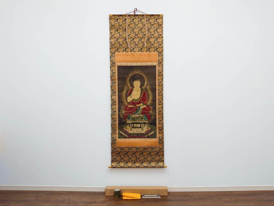 工芸　複製画　神護寺所蔵　国宝　釈迦如来像　第577番　掛軸(第五百七十七番、掛け軸、絹本、仏画、共箱付き、解題、多色コロタイプ印刷、手彩色)(R-079460)　