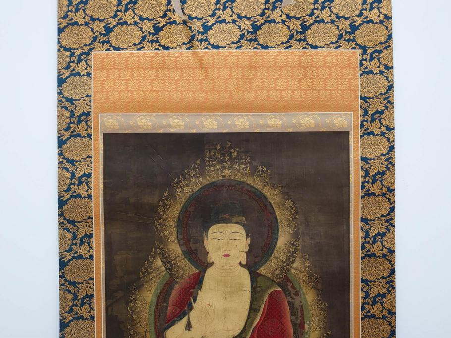工芸　複製画　神護寺所蔵　国宝　釈迦如来像　第577番　掛軸(第五百七十七番、掛け軸、絹本、仏画、共箱付き、解題、多色コロタイプ印刷、手彩色)(R-079460)　