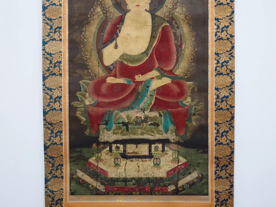工芸　複製画　神護寺所蔵　国宝　釈迦如来像　第577番　掛軸(第五百七十七番、掛け軸、絹本、仏画、共箱付き、解題、多色コロタイプ印刷、手彩色)(R-079460)　