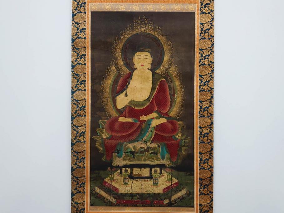 工芸　複製画　神護寺所蔵　国宝　釈迦如来像　第577番　掛軸(第五百七十七番、掛け軸、絹本、仏画、共箱付き、解題、多色コロタイプ印刷、手彩色)(R-079460)　