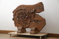 中古　総欅(ケヤキ)材　建仁寺　琳派　俵屋宗達筆の雷神を力強く彫り上げた衝立て(パーテーション、衝い立て、つい立て、間仕切り、ディスプレイ)(R-078926)