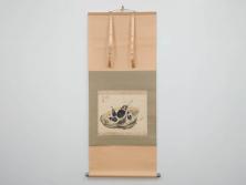小林五浪　「茄子」　掛軸(掛け軸、なす、野菜、バッタ、飛蝗、昆虫、日本画、共箱付き)(R-079464)