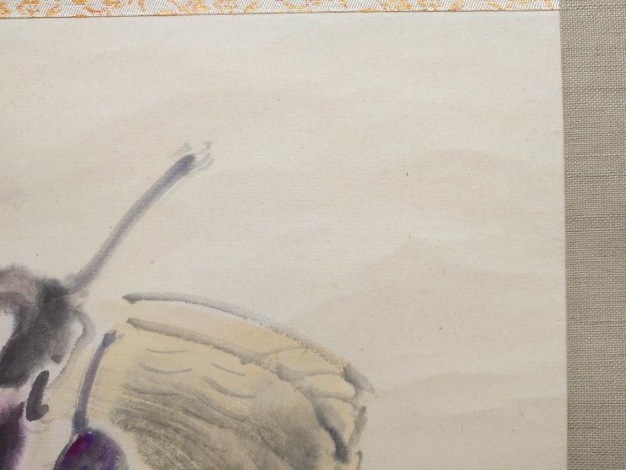 小林五浪　「茄子」　掛軸(掛け軸、なす、野菜、バッタ、飛蝗、昆虫、日本画、共箱付き)(R-079464)