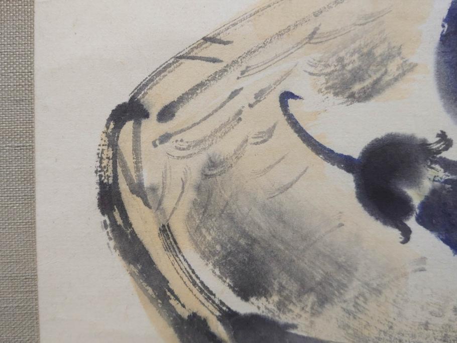 小林五浪　「茄子」　掛軸(掛け軸、なす、野菜、バッタ、飛蝗、昆虫、日本画、共箱付き)(R-079464)