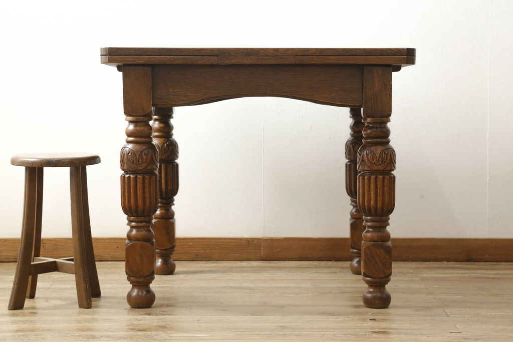 イギリスアンティーク　オーク材　バルボスレッグが素敵なドローリーフテーブル(エクステンションテーブル、ダイニングテーブル)(R-058596)