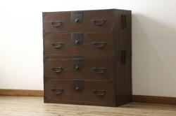 ビンテージ家具　工芸品　総欅材・玉杢　中桐材　半櫃(ハンガイ)　倹飩蓋　激レア!手打ち金具が目を惹く重ね船箪笥(衣装箪笥、引き出し、チェスト、桐箪笥、桐たんす)(製作費当時約300万円、桐箪笥、桐たんす)(R-039104)