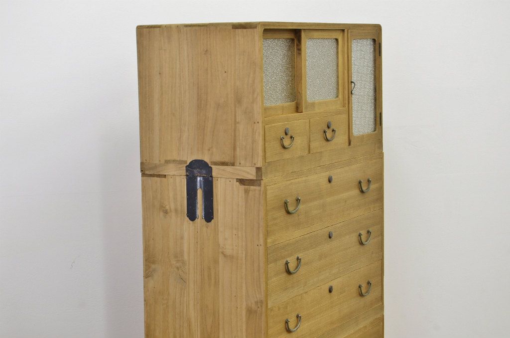 レトロ家具　◇昭和レトロ　ダイヤガラス入り重ね桐箪笥　アンティーク(桐たんす)