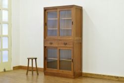 レトロ家具　☆昭和レトロ　ナラ材のモールガラス二段重ね収納棚(食器棚)
