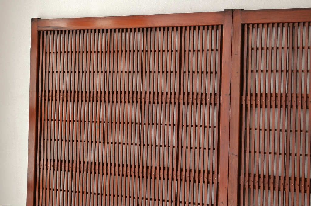 古民具　骨董　古い木のダイヤガラス格子戸4枚セット(裏障子付き)引き戸