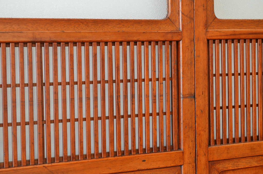 古民具　骨董　古い木のダイヤガラス格子戸4枚セット(裏障子付き)引き戸