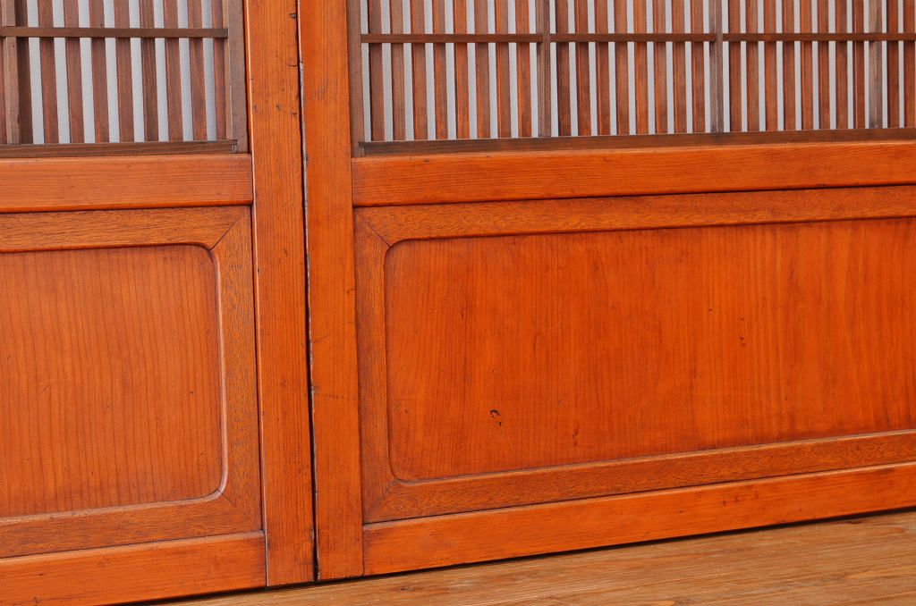 古民具　骨董　古い木のダイヤガラス格子戸4枚セット(裏障子付き)引き戸