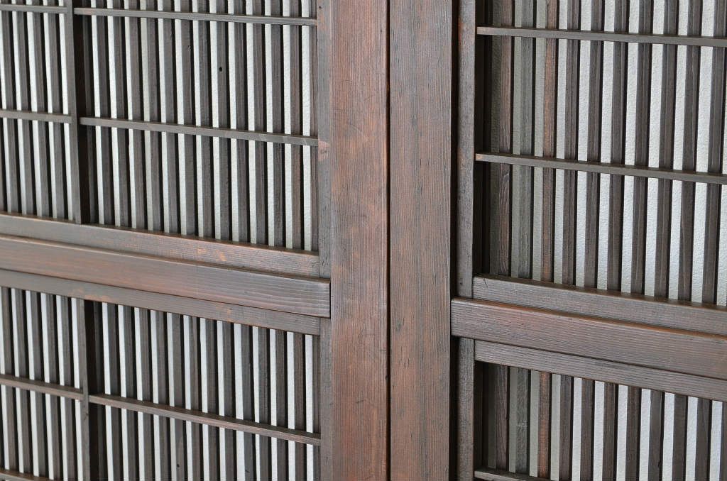 ★古民具　骨董　素敵な銀モールガラス格子戸3枚セット(裏障子付き)